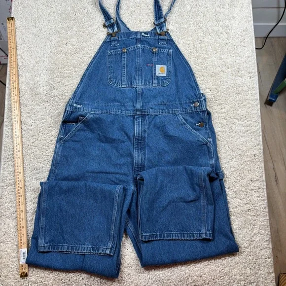 Carhartt R07 DST Denim Bib Overalls Men 38x32 Dark Stone Blue Excellent Workwear - Picture 6 of 10